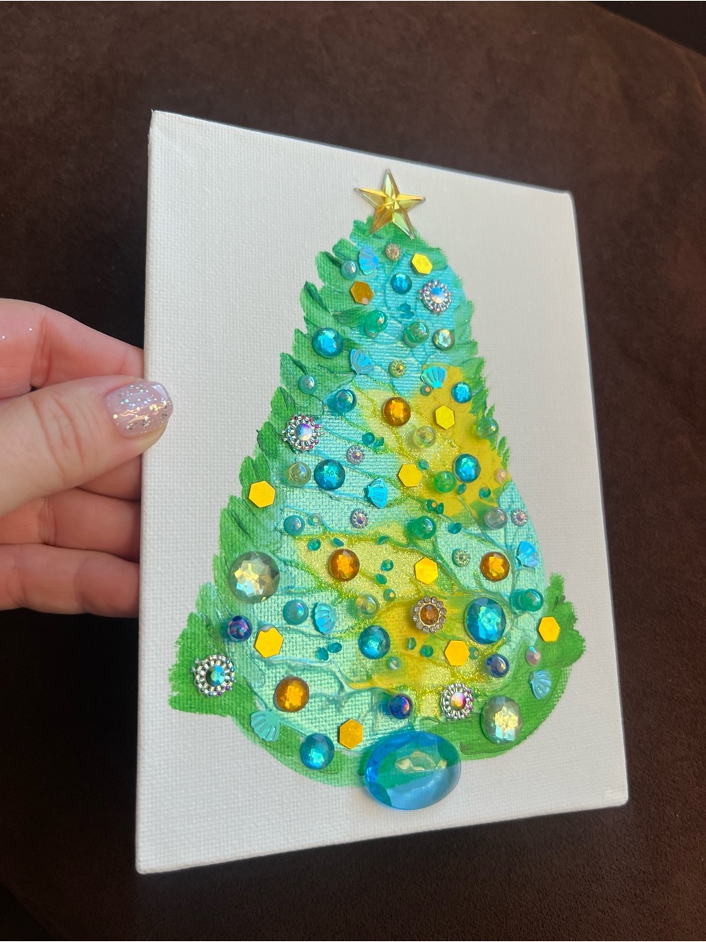 Embellished Green & Teal Holiday Tree Canvas Aqua & Gold Jeweled Christmas Tree - Picture 10 of 10
